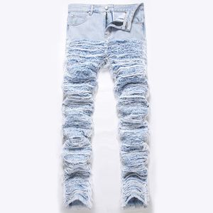 High Street Pants Jeans Ligh Blue Déchiré Hommes Hip Hop Hommes Supérieur Slim Fit Pantalon Droit Hommes High Street Pantalon Décontracté Grande Taille 28-42