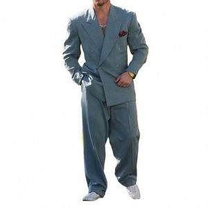 High Street Peak Revers Costumes à double boutonnage pour hommes 2 pièces Fi Solid Party Prom Casual Mariage Costume masculin Blazer avec pantalon i49g #