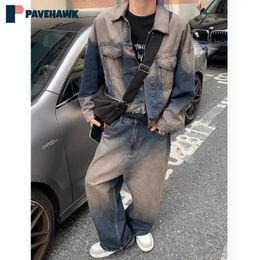 High Street Retro Denim Set Man Woman Wash nood cowboy JacketsCasual Baggy Wide Leg Jeans Sets Autumn Retro Two Piece Suits 240424