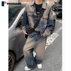 High Street Retro Denim Set Man Woman Wash Distress Cowboy JacketsCasual Baggy Wide Leg Jeans Sets Autumn Retro Two Piece Suits 240419