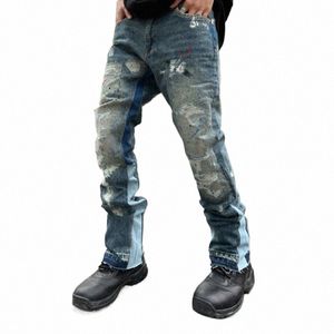 High Street Retro Inkt Spl Patchwork Gescheurde Jeans Flare Broek Mannen en Vrouwen Straight Casual Oversized Losse Denim Broek y4EM #