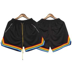 High Street Rhude Shorts Mesh Fabric Rainbow Sports Casual Capris Mens en Dames Loose Basketball Pants Tide