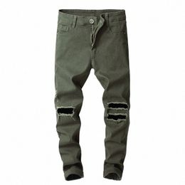 High Street Gescheurde Legergroene Jeans Heren Cott Mid-taille Rechte Micro-strech Negen-Punt Denim Broek Casual Slanke Jeans Eenvoudig E9uX#