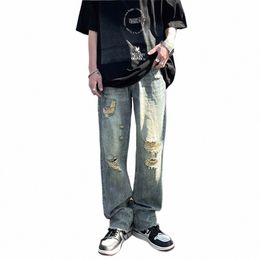 High Street Ripped Jeans Homme Ins Tide Marque Hip-Hop Pantalon à jambes larges Été Mince Secti Droite Lâche Casual Vieux Pantalons hommes H1lt #