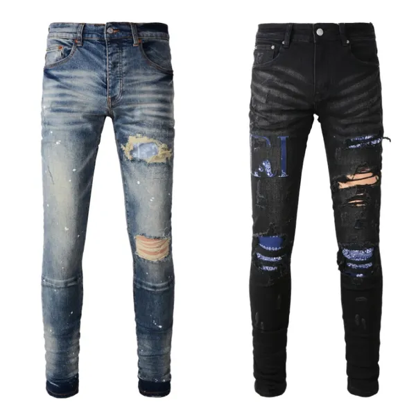 Jean déchiré pour hommes, pantalon crayon extensible avec patchs patchwork, coupe slim, étoile