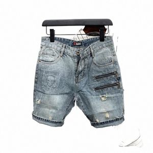 High Street Ripped Design Sense Sense Zipper Ing Slim Summer Denim Shorts V8ol # #