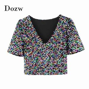 High Street Paillettes T-shirt Femmes Sexy Col En V Profond Club T-shirt Court D'été Manches Zipper Chic Dames Tops Haut Femme 210515