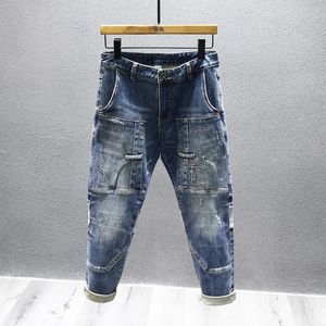 Jeans minces de rue pour hommes pour hommes patchwork en détresse américaine rétro punk rock hip hop stretch denim pantalon 240424
