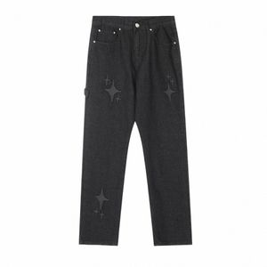 High Street Stars Broderie Solid Baggy Jeans pour hommes et femmes Pantalons en denim décontractés droits surdimensionnés Ropa Hombre Cargos R6mo #