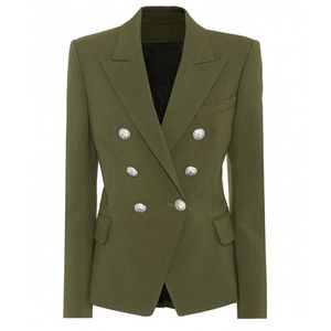 High Street Stylish Designer Blazer Dames Klassieke Lion Silver Buttons Double Breasted Jacket Olive Green 210521