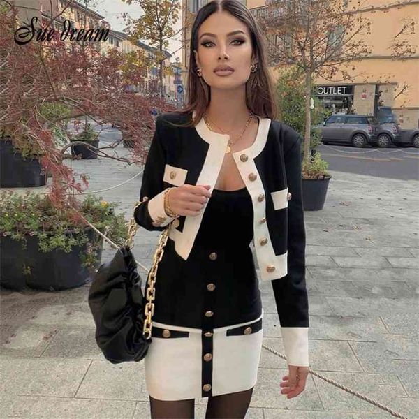 High Street Summer Patchwork 2 zweiteilige Set O-Neck Long Sleeve Pocket Button Mini Verbandkleid Female Kurzes Set 210825