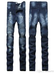 High Street Trend Hole Jeans European and American Men039s Locomotives rinkles Slim Pantaler Biker Jeans Nostalgia9112766