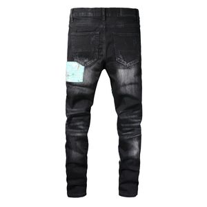 High Street Trend Jeans Young Men's High Craft gescheurde patch kleurlijn stretch slank fit jeans