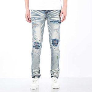 Jeans pour hommes, marque tendance, vieux patchs, peintures Graffiti, déchirures, élastique, Slim, lavé à l'eau, couleur claire