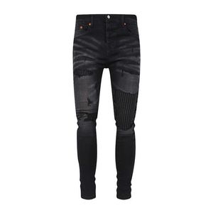 Jeans pour hommes, Patch perforé noir, perles de chat avec meulage blanc, pieds élastiques, Slim Fit, marque tendance, nouveau