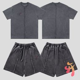 Camisetas de calle, conjunto de pantalones cortos bordados, camisetas de manga corta lavadas de peso pesado Vintage para hombres y mujeres