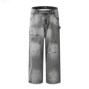 High Street Vibe Feito Velho Lavado Corte Jeans Rasgado, Homens e Mulheres Marca Americana Na Moda Emagrecimento Perna Reta Pantsc6d1