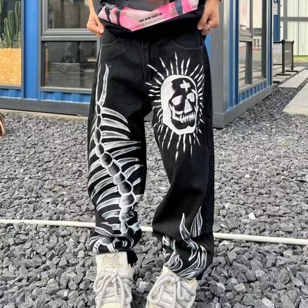 High Street Vibe Style Skull Head imprimé Jeans Black Hip Hop Hop Mens Pantalon de conception de jambe droite