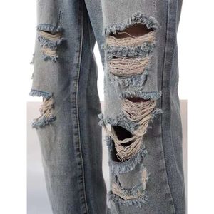 Jeans en détresse lavés dans la rue, style Hiphop Street Street Street Style Pantalon de jambe droite lâche