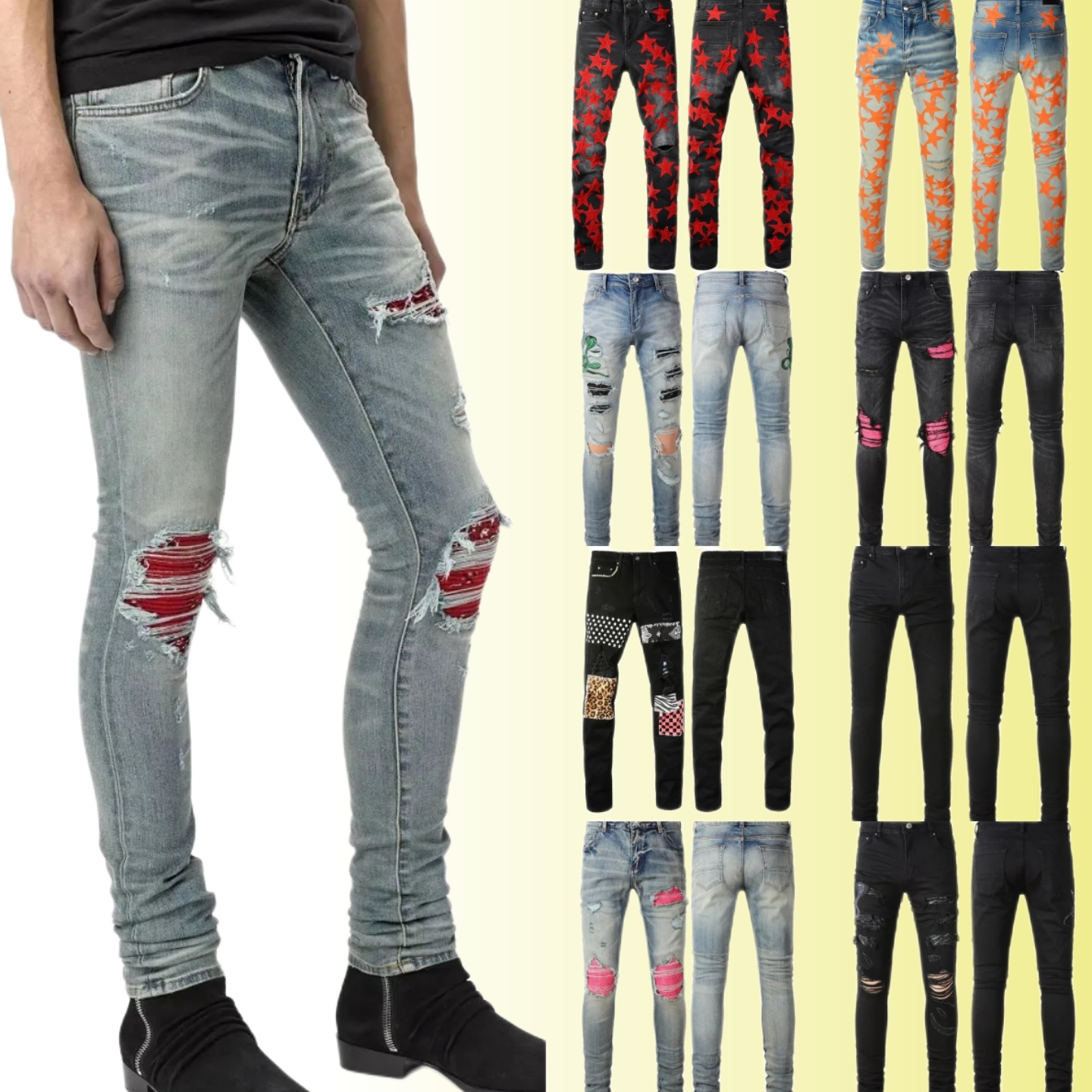 Jeans de grife jeans roxo para homens skinny motocicleta na moda rasgado patchwork buraco durante todo o ano jeans de pernas finas atacado 2 peças 10% de desconto