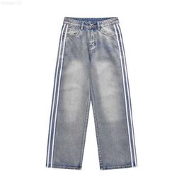 Pantalones vaqueros bordados con cinta de tela, pegatina antigua lavada de High Street, pantalones rectos de pierna ancha holgados de marca de moda Unisex1ise