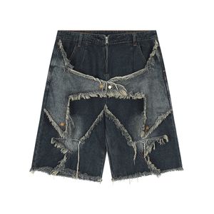 High Street Washed Vintage Patchwork Jeans Shorts pour hommes Straight Wide Leg Baggy Casual Summer Denim Genou Longueur Pantalon