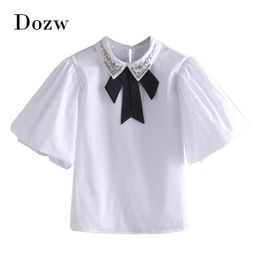 High Street Blouse blanche Femmes Bow Diamonds Chic Tops Puff Chemise à manches courtes Chemise élégante Lady Turn Down Collier Loose Blouse Camisas 210414