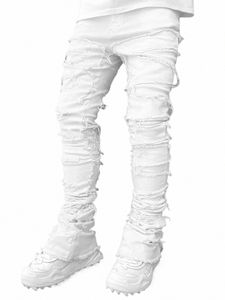 High Street White Men's Stacked Jeans Stretched Patchwork Borla Dañada Denim Pantalones largos Pantalones Hip-Pop para hombre R67d #