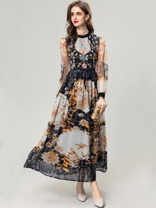 High Street dames retro jurken lente zomer mode vintage printing kralen slanke vestidos elegante dame