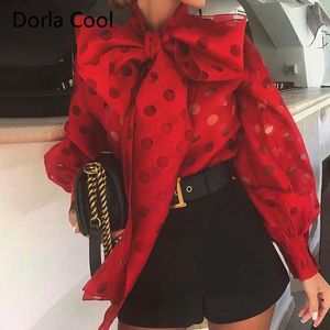 High Street Vrouwen Vakantie Blouse Holle Dots Bow Collar Shirts Designer Collection Lady's Chic Long Lantern Sleeves Top Dames Blouses