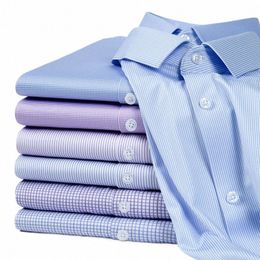 Chemises pour hommes anti-rides haute élasticité Lg manches Dr chemises de haute qualité hommes Slim Fit Social Busin Blouse chemise rayée f56N #