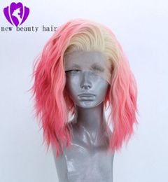 Fibra de alta temperatura 360 frontal onda suelta corta pelucas de pelo completo ombre color rosa peluca delantera del cordón sintético para las mujeres con P2557455
