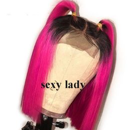 Fibre à haute température Peruca 360 Frontal Bob court bob cheveux raides noire ombre rose rose synthétique dentelle perruque avant pour les femmes