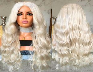 Perruque Lace Front Wig synthétique sans colle, cheveux longs et ondulés, blond platine, avec raie centrale, pour femmes blanches, haute température9148876