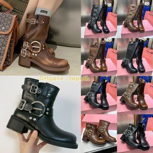 High Top Long Boots for Women Leather Buckle Dikke Heel High Boots Martin Short Boots Brown Fashion Shoes Short Boots Lederen Belt Buckle Motorcycle Martin Boots