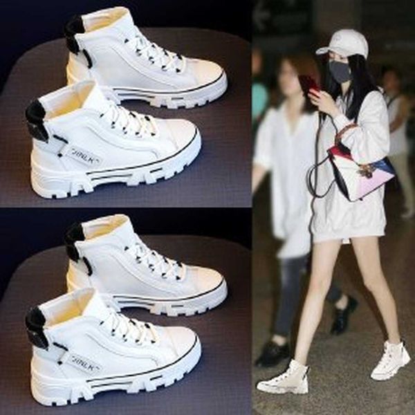 High-top White Shoes2021newautumn Leisure Round Toe Strap Suela gruesa Korean Female Student Sports Canvas Shoes Zapatillas Mujer Y0907