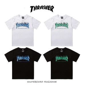 Hoge versie trendy merk thrasher vlam groen doornige spook gedrukte mannen en dames paar korte mouwen t -shirt