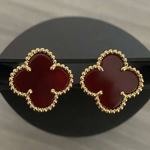 Boucles d'oreilles Fanjia en or à quatre feuilles pour femmes, version haute, or rose 18 carats, agate rouge, fritillaire blanche, boucles d'oreilles classiques double face