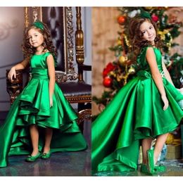 High Vintage Low Green Emerald Girls Pageant -jurken 2019 Ruches A Line Kids Birthday Party Wear Charming Child Communion Troads BA4830