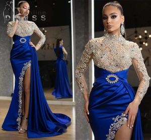 Hoge vintage nek avondjurken kristallen Kristallen Illusie Lichaam Lange mouw Formele feest Ocn -jurken Arbaic Dubai -jurk met gesplitste prom BC11420