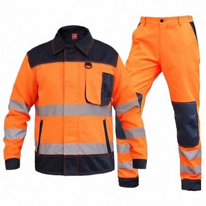 Conjunto de ropa de trabajo de alta visibilidad para hombres Chaqueta reflectante de seguridad + pantalón de carga Ropa de trabajo Ropa de trabajo Naranja Multi bolsillos Traje resistente Nuevo 64hn #