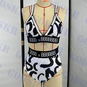 Bikini de cintura alta con estampado de letras para mujer, traje de baño con cuello en V para mujer, último verano