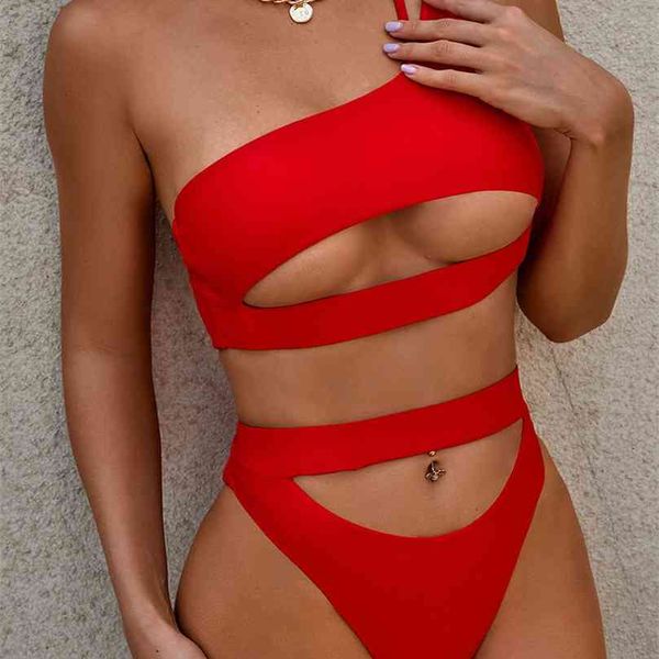 Conjunto de bikini de cintura alta Traje de baño de un hombro para mujer Traje de baño ahuecado Traje de baño brasileño Rojo Negro Bikinis Ropa de playa Traje de baño 210712