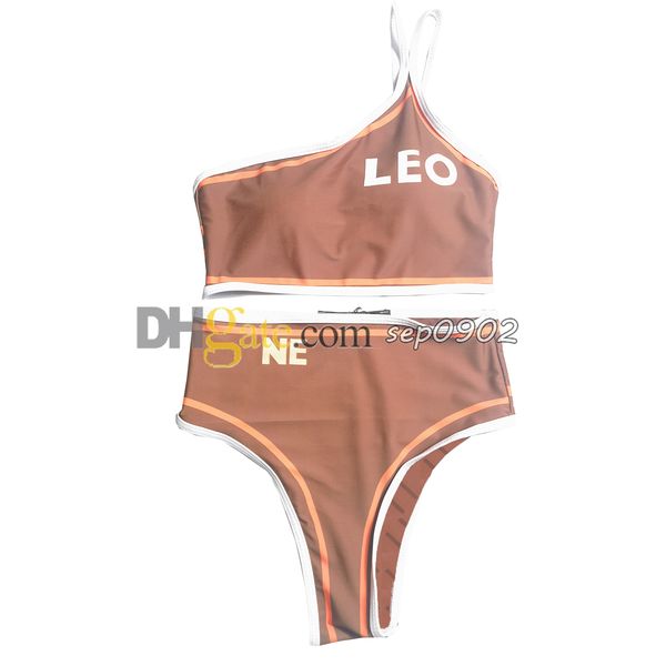 Conjunto de Bikini de cintura alta para mujer, traje de baño de un hombro, traje de baño Reversible a la moda, traje de baño con estampado de letras