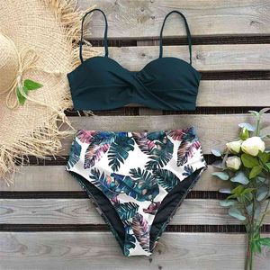 Hoge taille bikini set vrouwen sexy bloem badmode vintage halter nek badpak vrouwelijke biquini bain diepblauwe badpak 210621