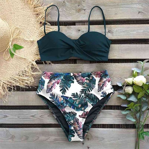 Conjunto de Bikini de cintura alta para mujer, traje de baño Sexy con flores, traje de baño Vintage con cuello Halter, traje de baño femenino, traje de baño azul profundo 210621