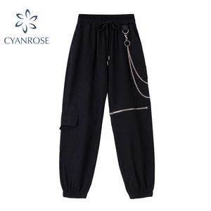 Taille haute noir Cargo pantalon femmes Harajuku Punk pantalon à jambes larges poches gothiques Streetwear Joggers anneau chaîne femmes pantalon Q0801