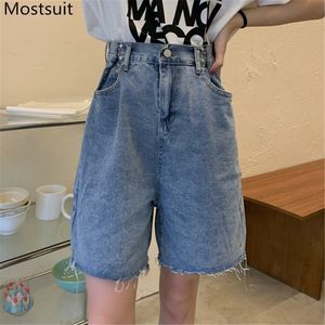 Hoge taille blauw denim knie lengte jeans vrouwen koreaanse vintage streetwear casual mode vrouwelijke rechte broek broek 210514