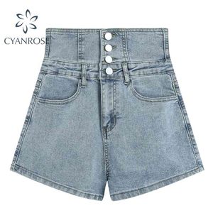Hoge taille buttons denim shorts broek voor vrouwen streetwear koreaans lace-up blauwe jeans zomer sexy bar egirl kleding 210515