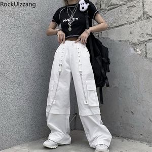 Taille haute Chaîne Anneau Ruban Baggy Cargo Pocket Blanc Lâche Jogger Pantalon Harajuku Streetwear Femmes Coréennes Hip Hop Survêtement Harem 201106